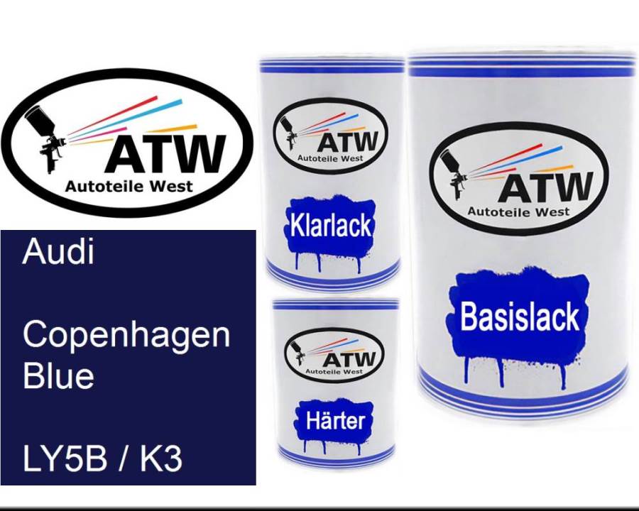 Audi, Copenhagen Blue, LY5B / K3: 500ml Lackdose + 500ml Klarlack + 250ml Härter - Set, von ATW Autoteile West.